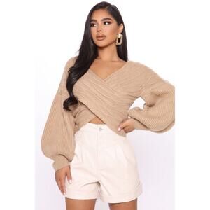 FASHION NOVA Sweater Womens Size 1X Keep It Chic Off the Shoulder Tan Top Crop